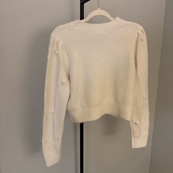 Cottagecore Cream Knit Sweater Cropped Textured Pom Pom Pullover Small - Picture 2 of 3